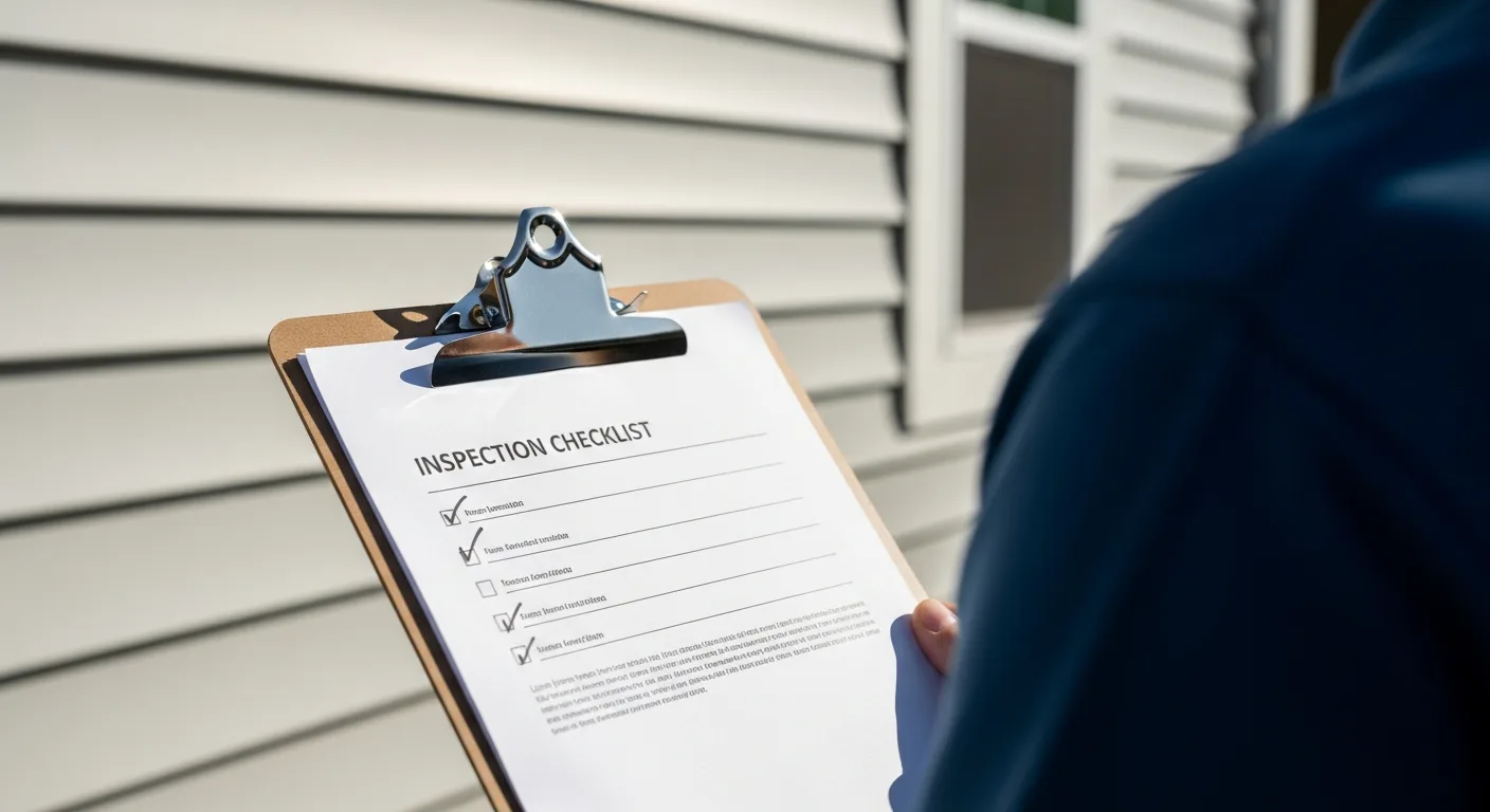 Clipboard and notes held against an exterior wall during a California home siding estimate inspection