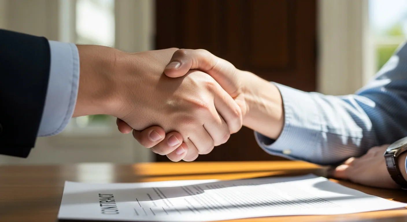 Close-up handshake over a siding contract at a California home entry after agreement is reached