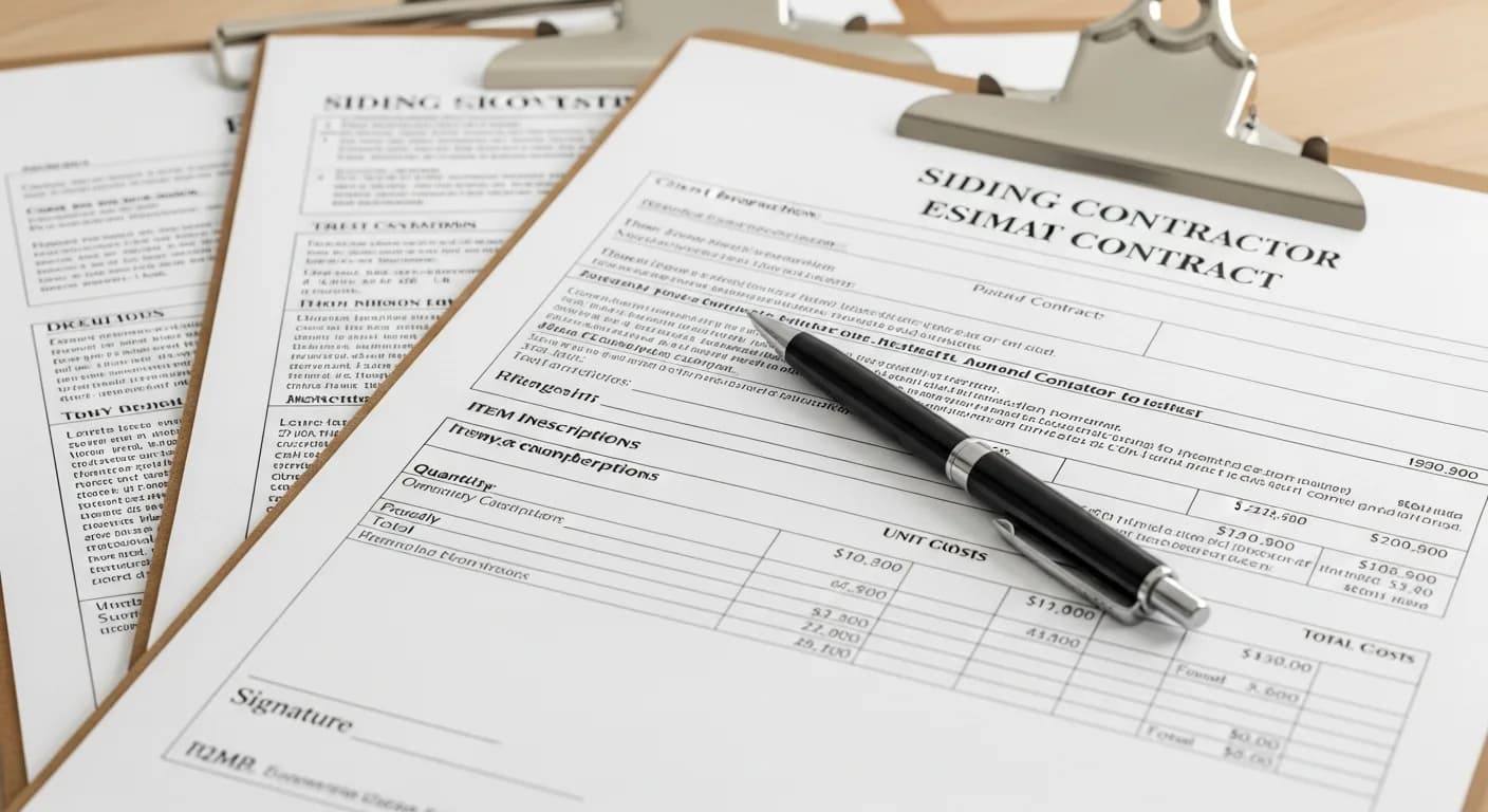 Close-up of a detailed written siding estimate and contract document on a clipboard, California contractor