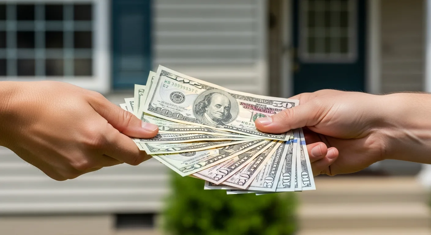 Cash changing hands in front of a house, large upfront deposit warning concept for contractor scams