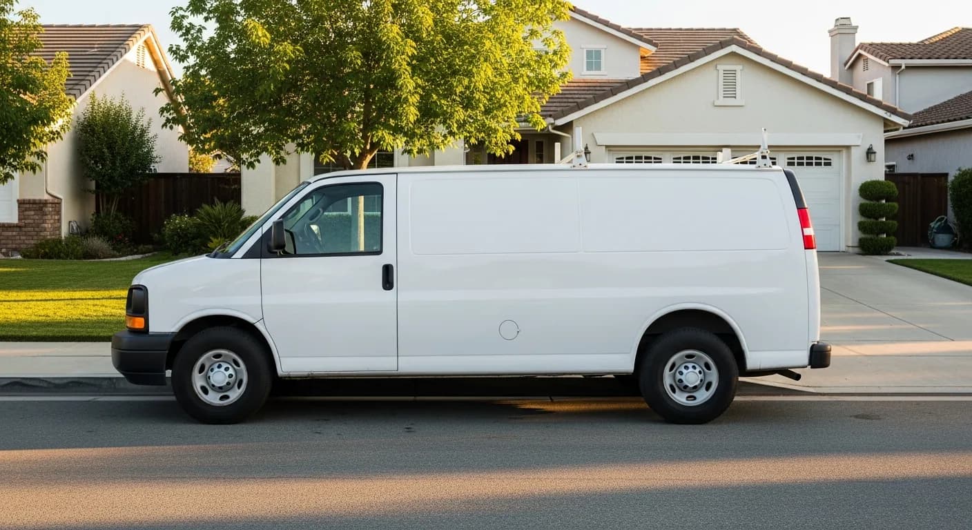 Unmarked plain white work van parked at a California home, contractor with no verifiable business address
