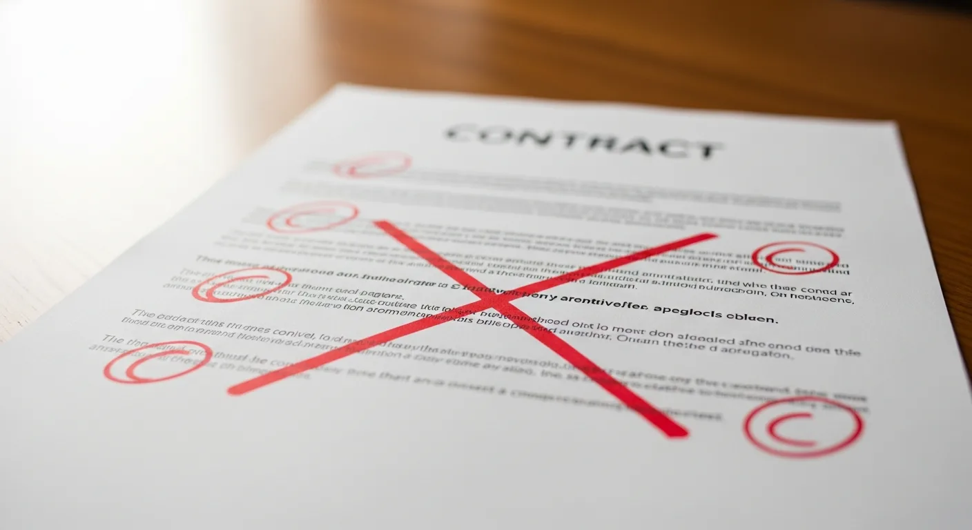 Contract document with red warning marks and no details, siding contractor scam red flag concept
