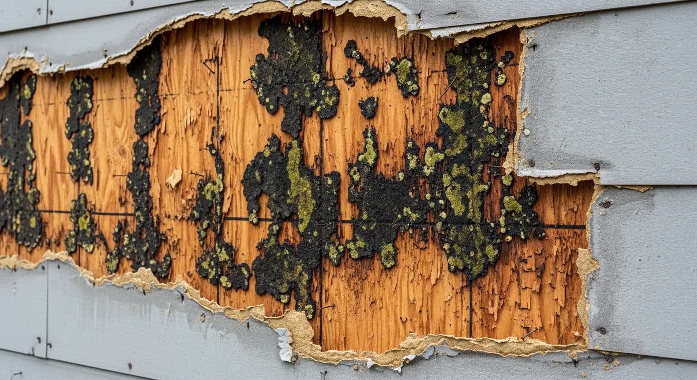 Exposed rotted wall sheathing behind removed fiber cement siding showing fungal moisture damage, California re-side