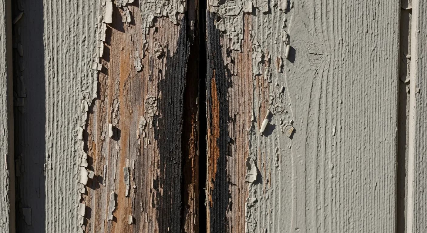 Localized paint peeling and dark staining low on a siding board indicating moisture and dry rot behind the wall