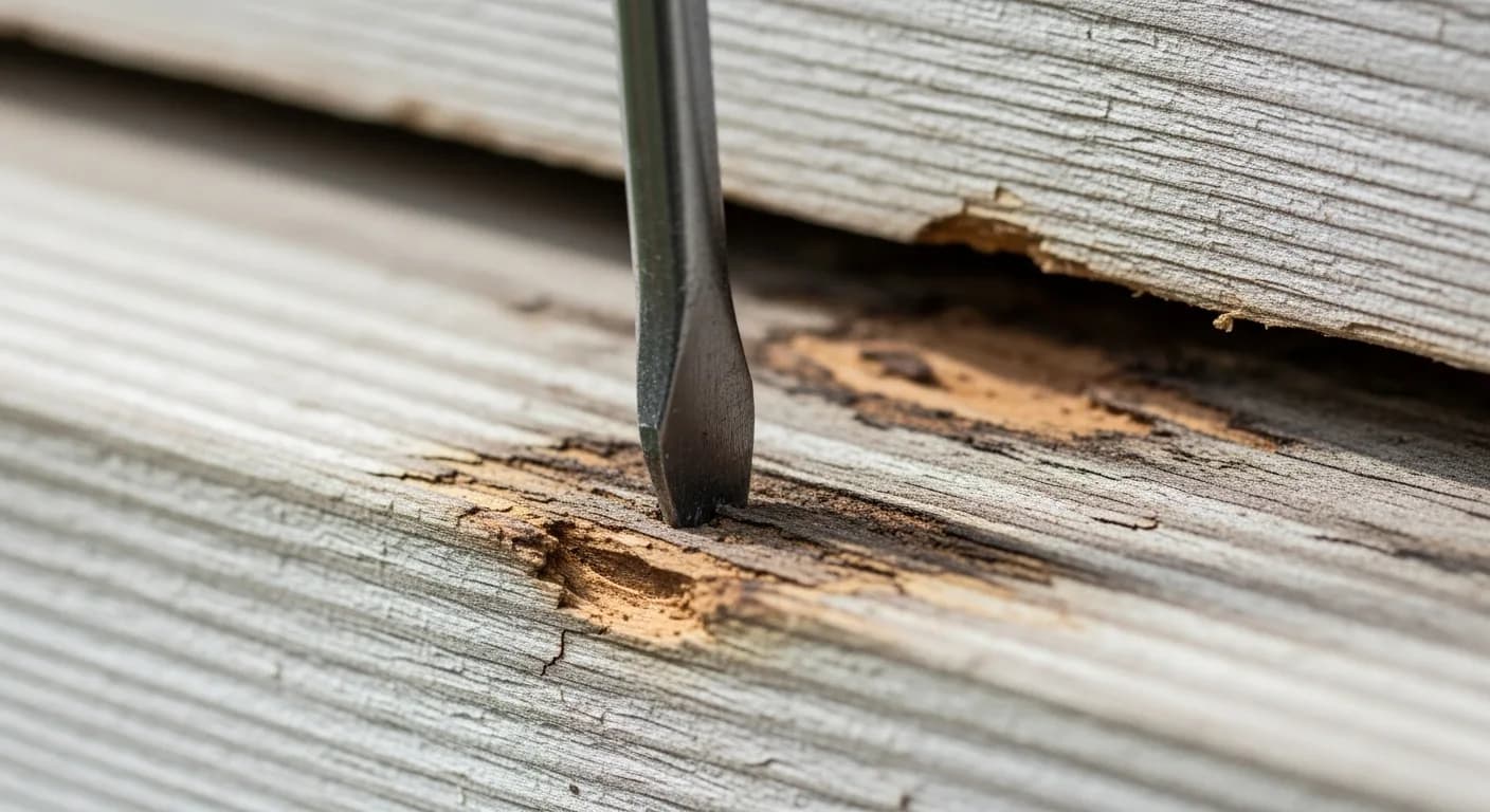 Contractor probing a soft spongy spot on exterior siding with a tool to check for dry rot, California home inspection