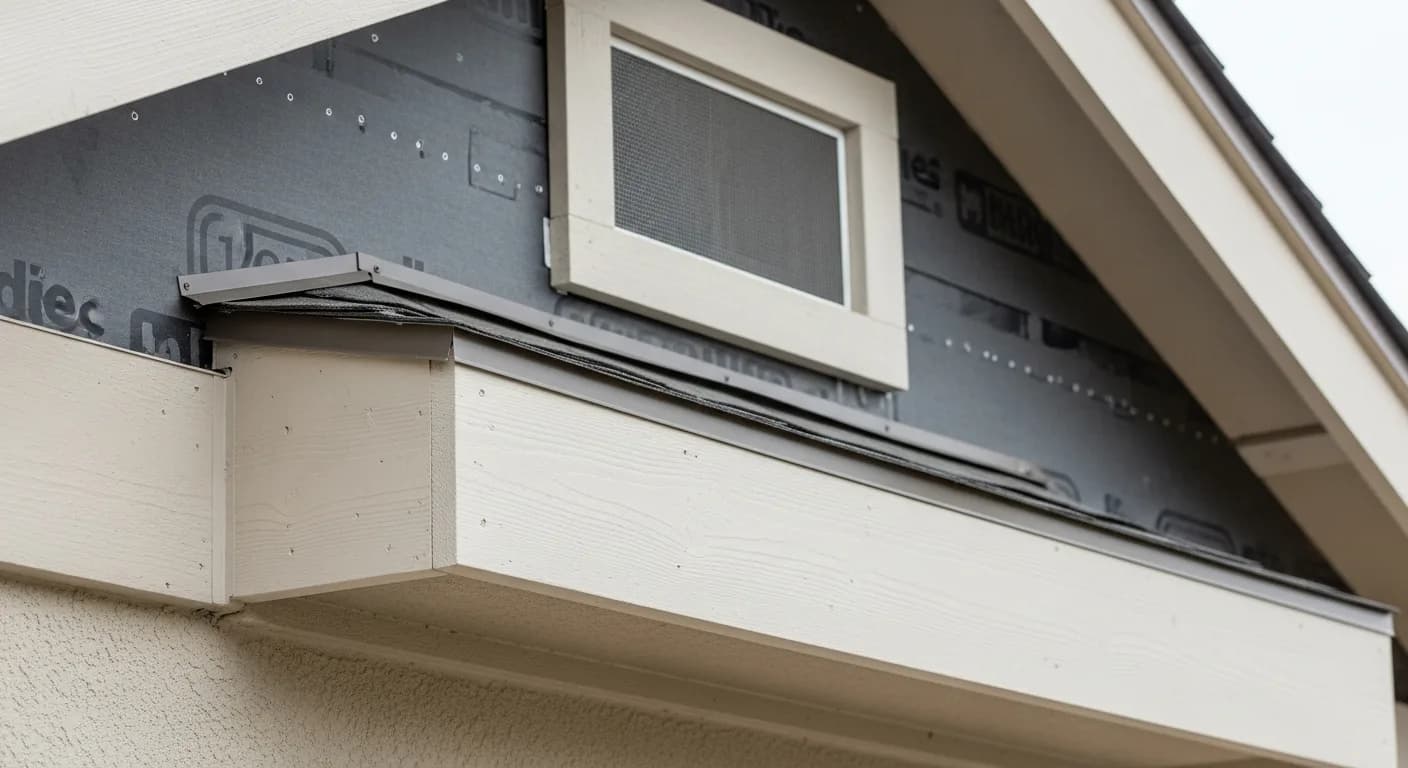 El Dorado Hills WUI-code hardening detail: ember-resistant attic vent assembly with non-combustible mesh in gable end, Hardie boxed non-combustible soffit, integrated flashing