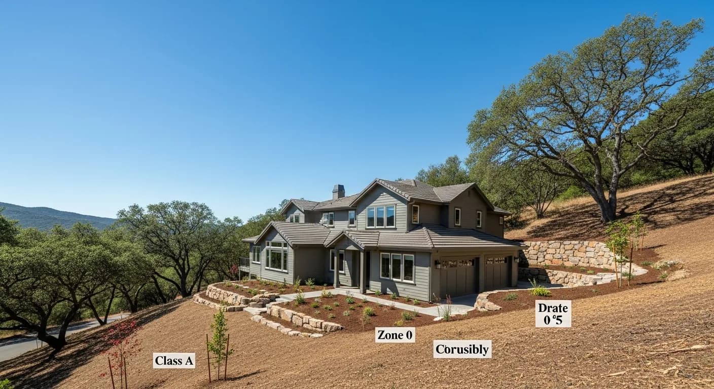 Wide-angle El Dorado Hills hillside home with Hardie Class A non-combustible cladding in Iron Gray, mature oak savanna, cleared Zone 0 with stone landscaping, fire-safe California foothill