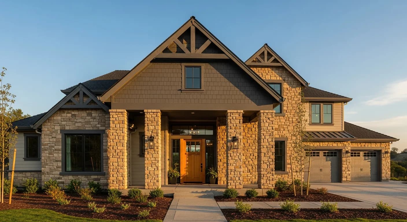 El Dorado Hills luxury custom home with mixed Hardie + manufactured stone exterior, board-and-batten gable in Iron Gray, prominent stone column entry, three-car garage, premium fire-zone custom
