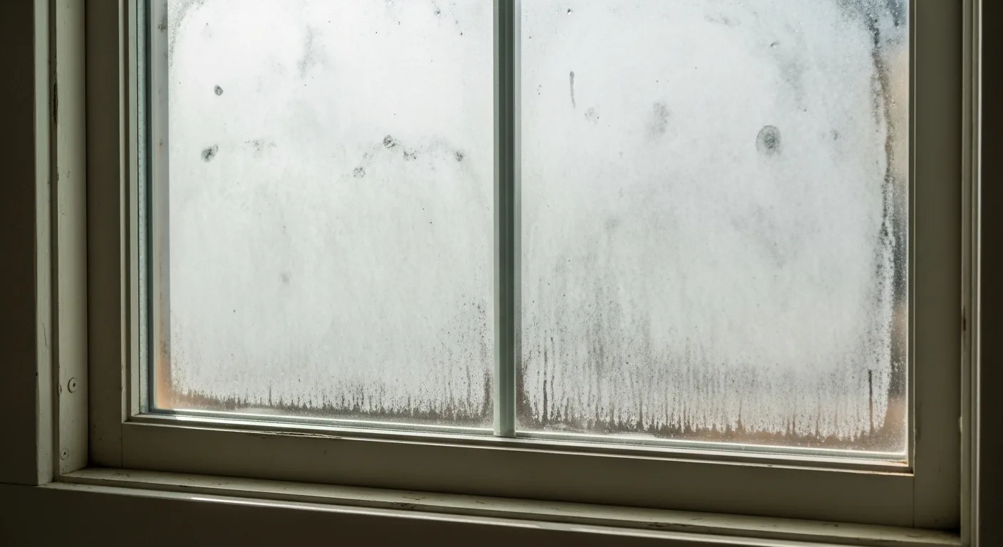 Close-up of a double-pane window with cloudy fog trapped between the glass panes, failed insulated-glass seal on a California home