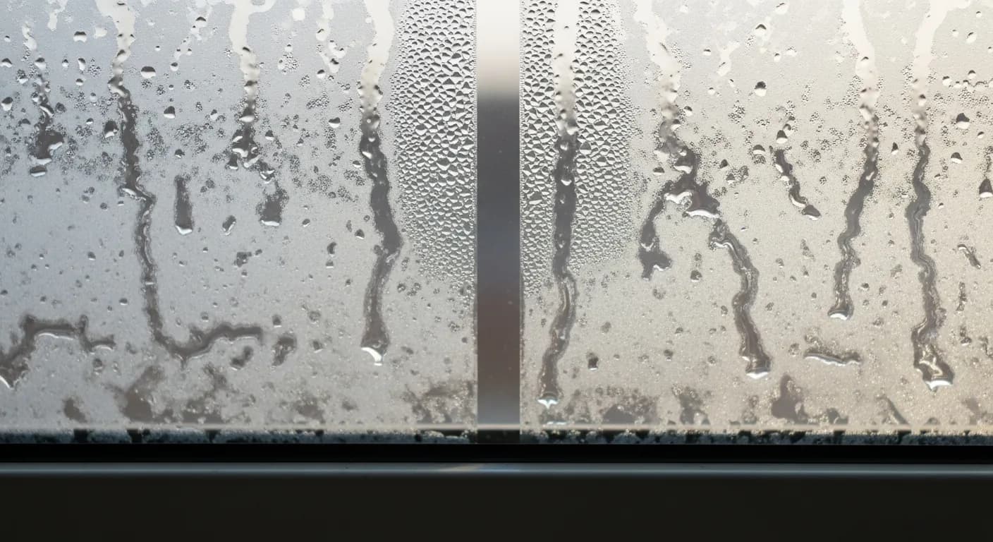 Condensation and haze visible between two panes of a sealed window unit, morning light, seal-failure detail