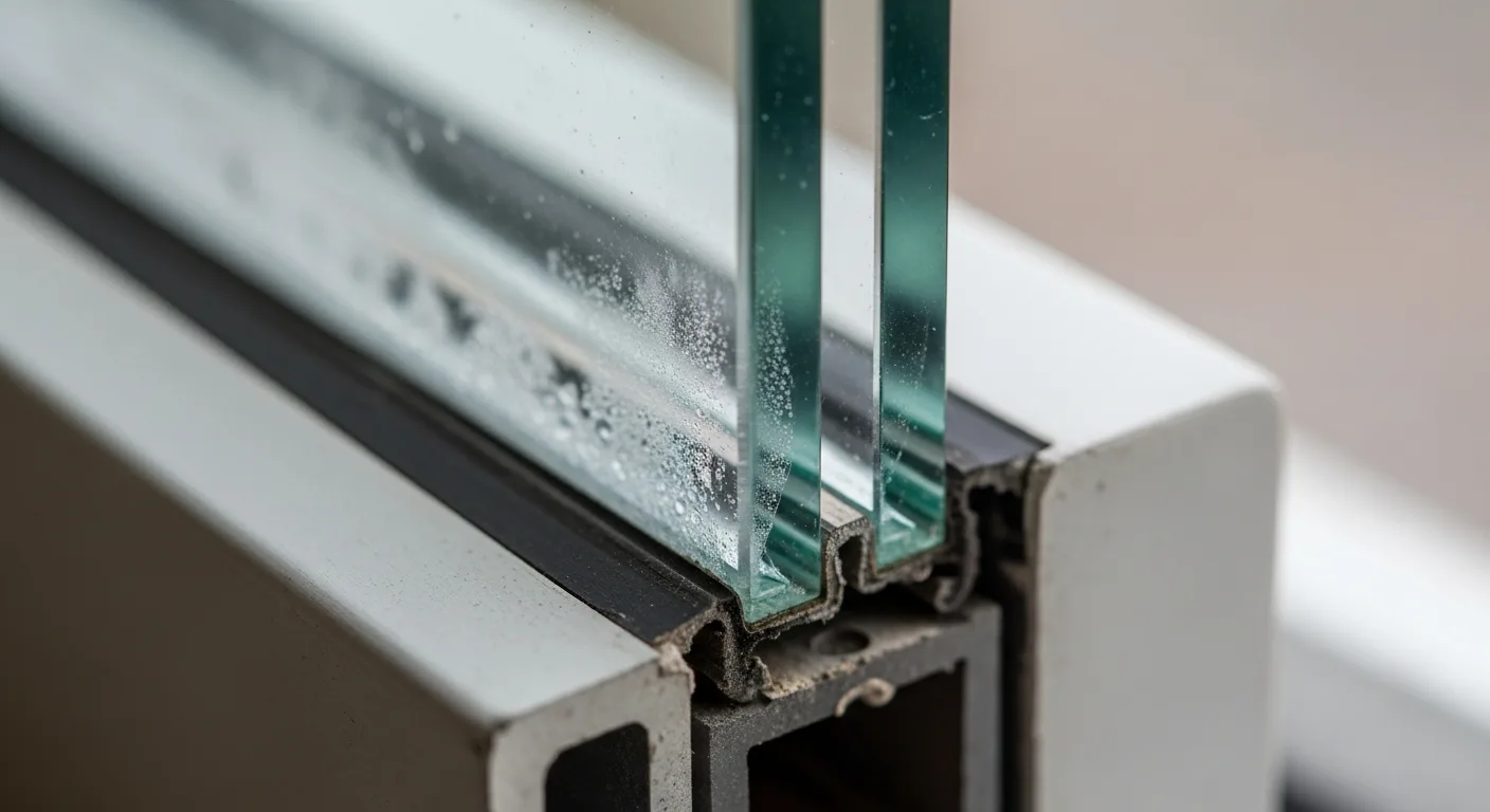 Edge detail of a window insulated-glass unit spacer and perimeter seal where double-pane seals fail