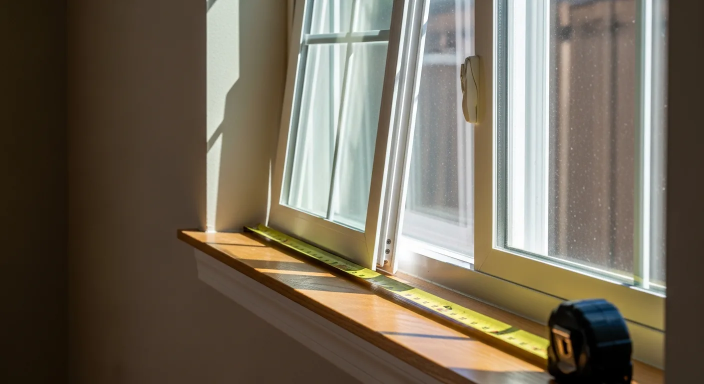 Tape measure and a new replacement window at an opening on a California home interior, energy-efficient window upgrade