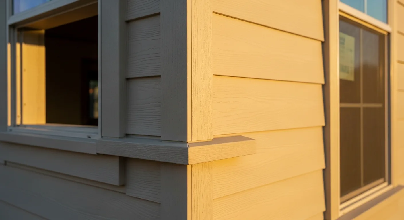 Close-up detail of Hardie ColorPlus lap siding in warm Cobble Stone cream on Folsom home, factory-baked finish, integrated J-channel at window opening, sealant detail