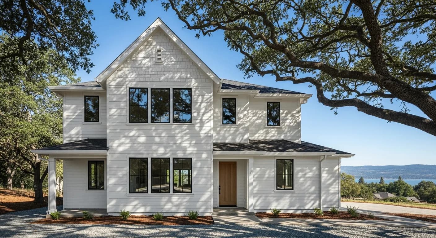 Folsom modern farmhouse two-story home with James Hardie Arctic White body, board-and-batten gable, black window frames, oak tree dappled shade, foothill landscape backdrop