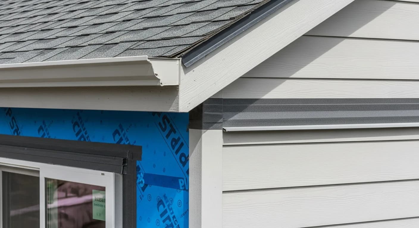 Tier-detail of fiber cement siding installed over weather-resistive barrier with visible flashing at window opening, kickout flashing at roof-wall transition, professional Folsom California install