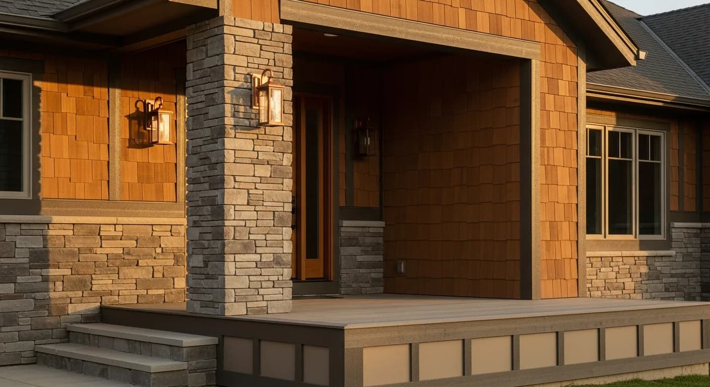 Granite Bay estate close-up with Hardie Aspyre wood-look entry feature, stone column with copper sconce, Trex deck, premium custom California