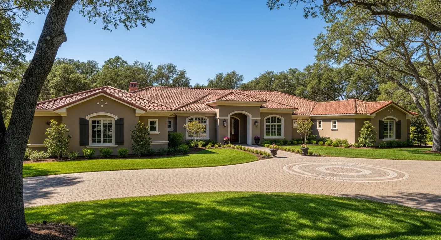 Granite Bay luxury single-story estate with Hardie Khaki Brown body, terra cotta tile roof, mature oaks, paver circular driveway, premium California residential