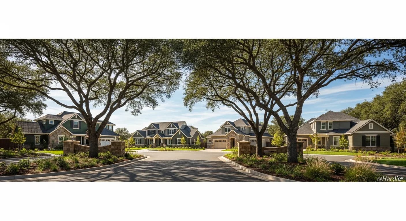 Wide-angle Granite Bay premium subdivision with multiple custom estate homes in coordinated Hardie ColorPlus exteriors, mature oak canopy, prestige California foothill-edge residential