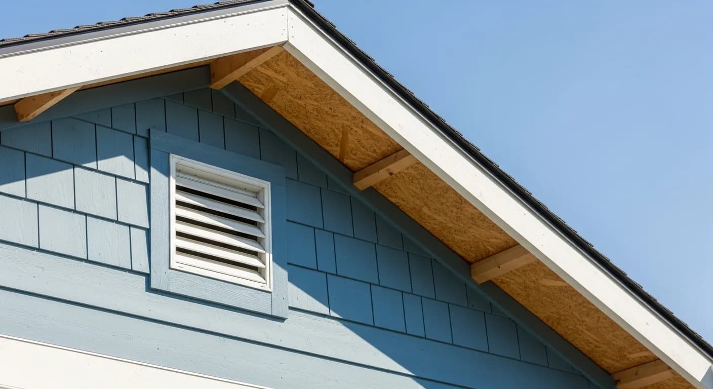 Grass Valley WUI-code assembly: Hardie Class A cladding in Boothbay Blue, ember-resistant attic vent, boxed soffit, kickout flashing, fire-safe California Gold Country