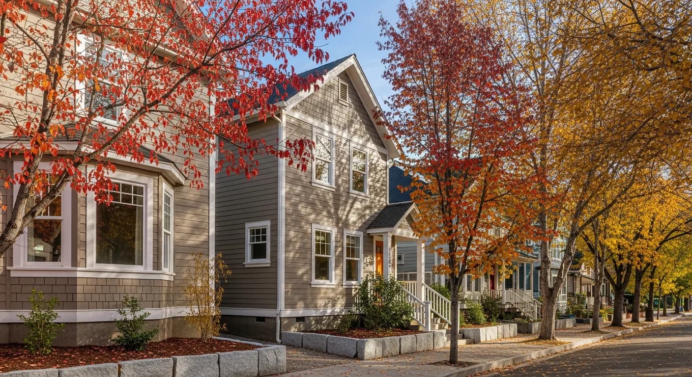 Wide-angle Grass Valley historic downtown residential street with Hardie Cobble Stone fiber cement homes, mature deciduous trees autumn color, Gold Country California