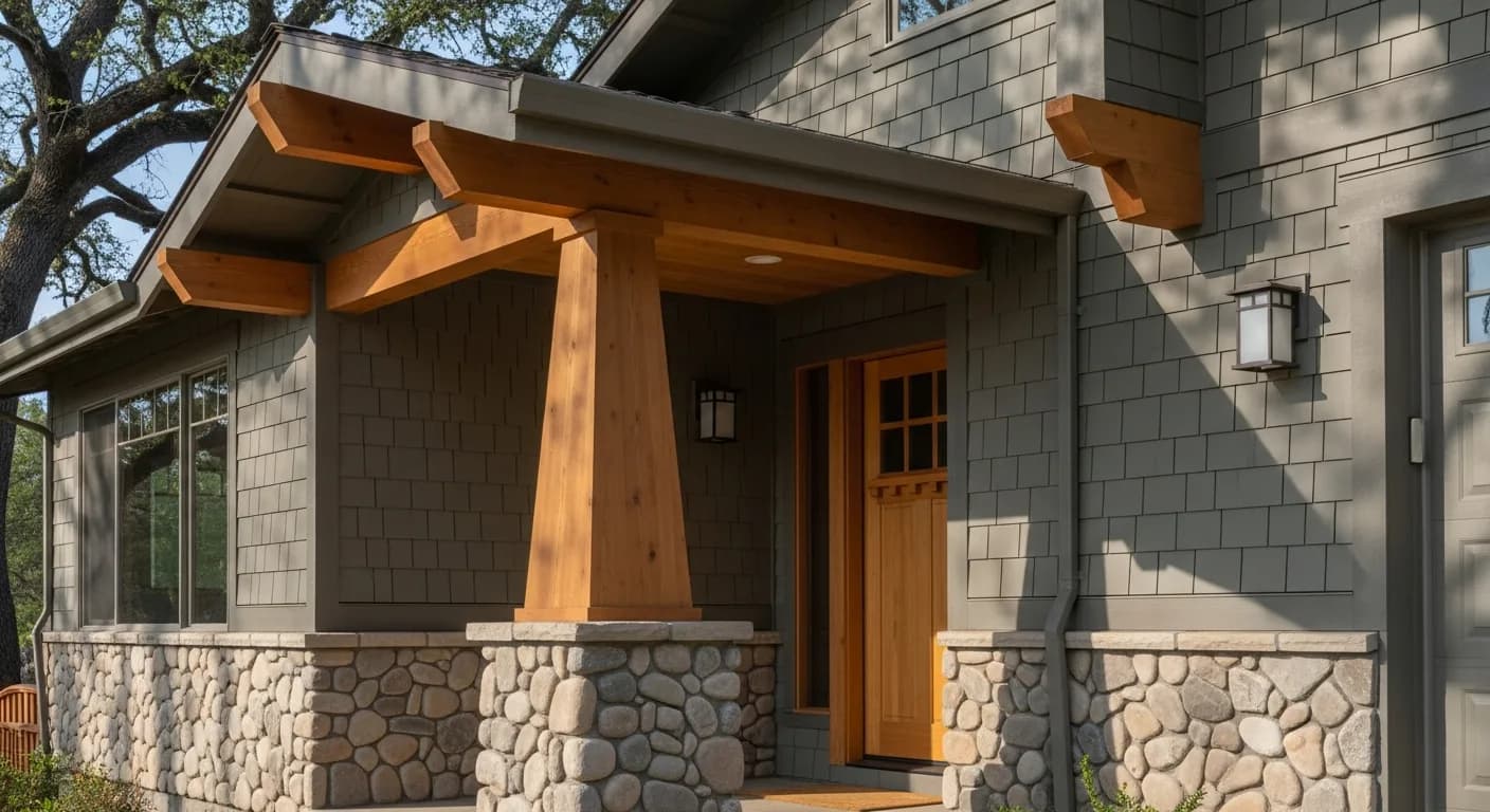 Grass Valley foothill craftsman home detail with Hardie HardiePlank lap in Aged Pewter, tapered porch column on stone base, exposed rafter tail, warm wood door