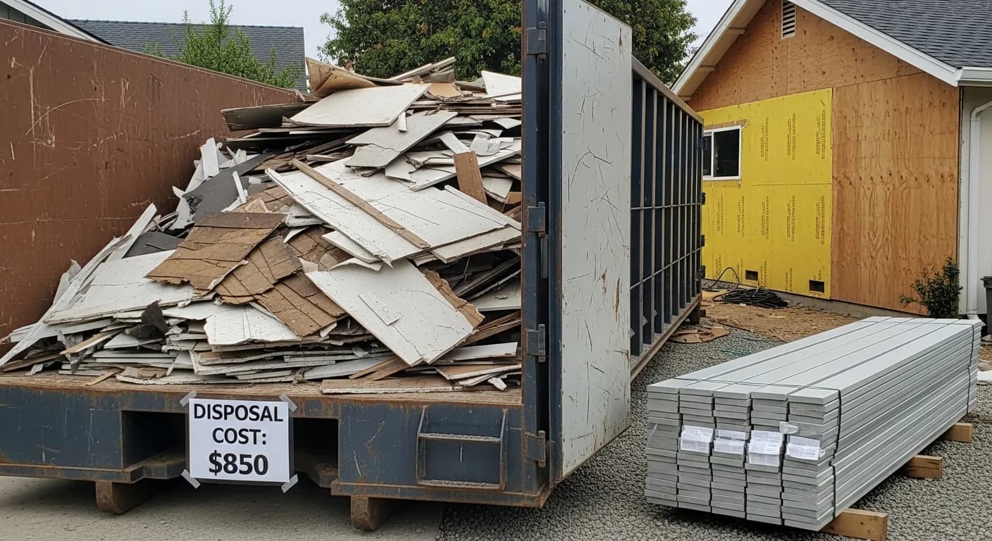 Debris dumpster and old torn-off siding at a California home re-side, disposal cost concept