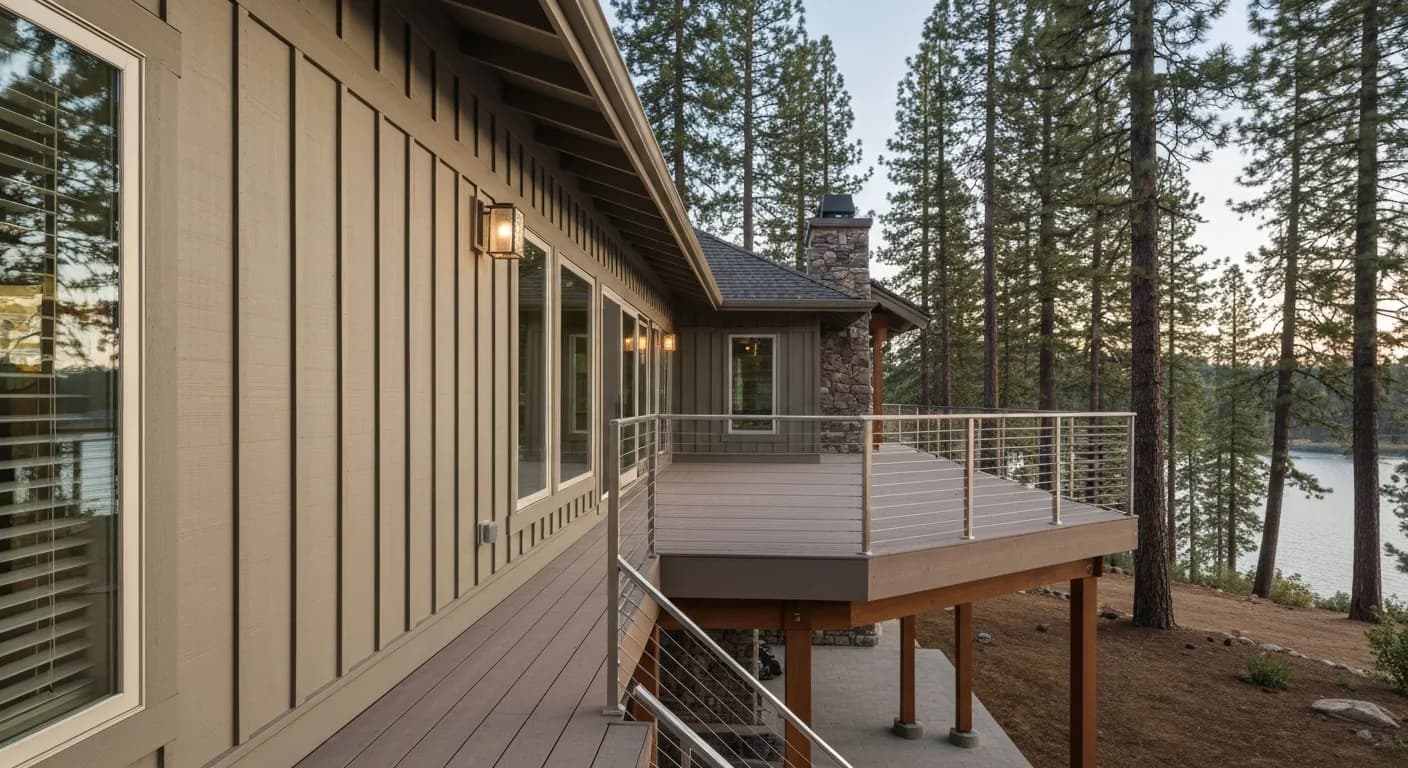 Lake Wildwood Nevada County gated community lake home with Hardie HardiePanel board-and-batten in Aged Pewter, deck with stainless cable railing, lake view, mature California pine forest