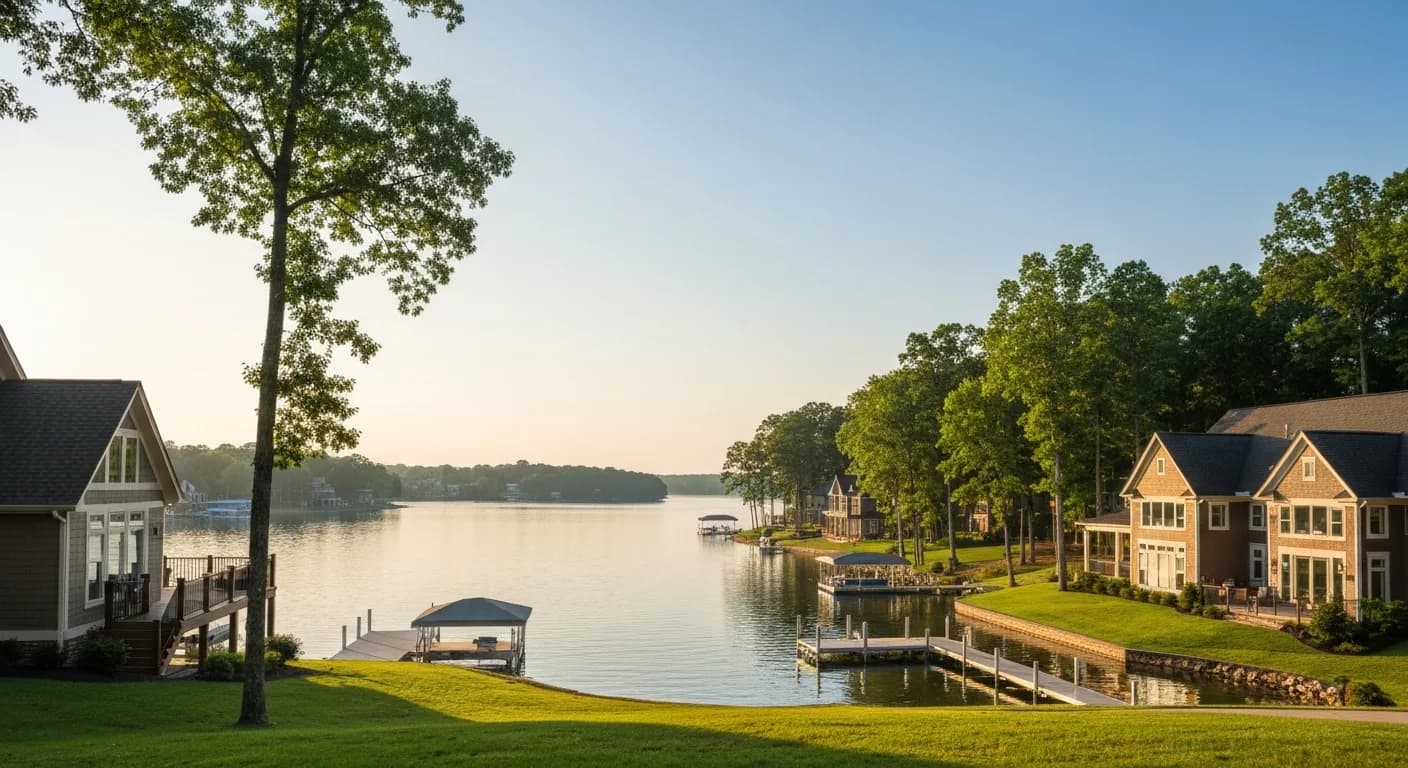 Wide-angle Lake of the Pines gated community waterfront with custom homes in coordinated Hardie ColorPlus exteriors, lake shoreline, mature pine canopy, dock visible, premium Nevada County
