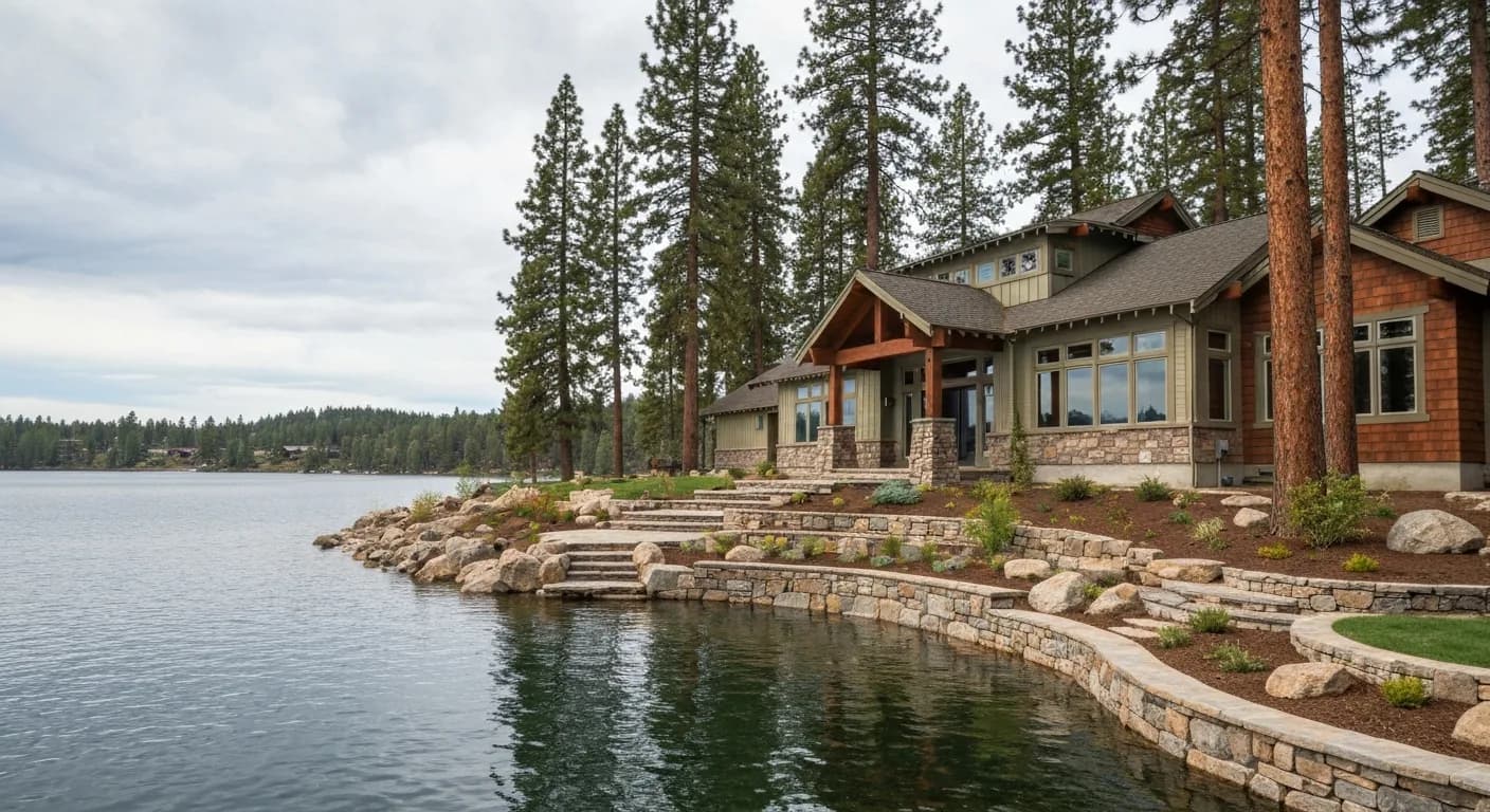 Lake Wildwood waterfront premium home with Hardie body in Heathered Moss sage, warm wood accent, terraced stone landscape to lake, mature California pine, panoramic lake view