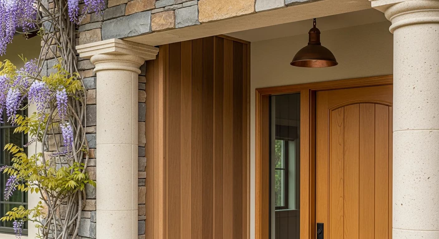 Napa estate detail: Hardie Aspyre wood-look entry accent, stone column, warm wood door, copper fixture, mature wisteria, premium Mediterranean California
