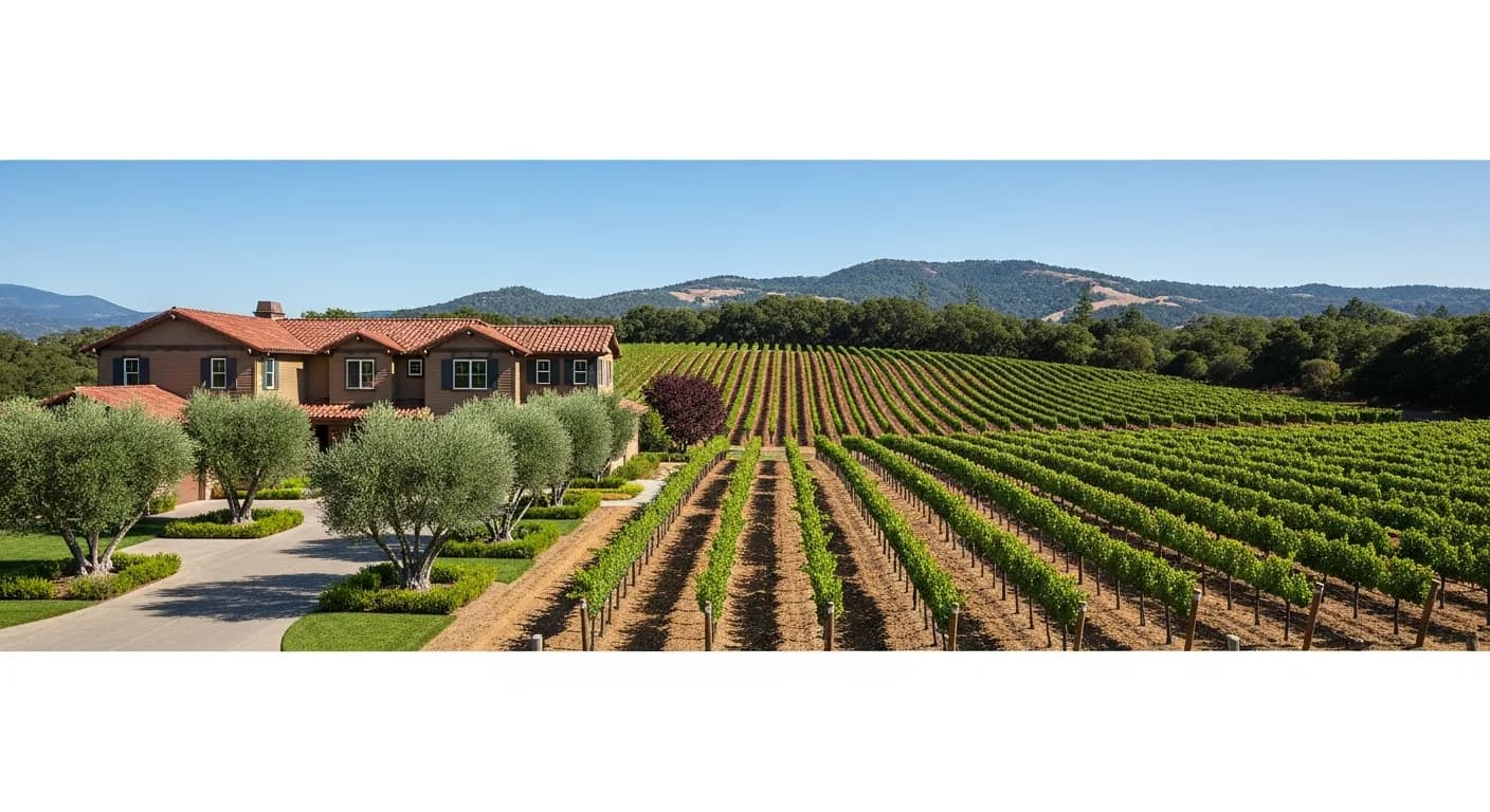 Wide-angle Napa Valley vineyard estate two-story home with Hardie body in Khaki Brown, terra cotta roof, mature olive trees, vineyard rows, oak-studded ridgeline, panoramic California wine country