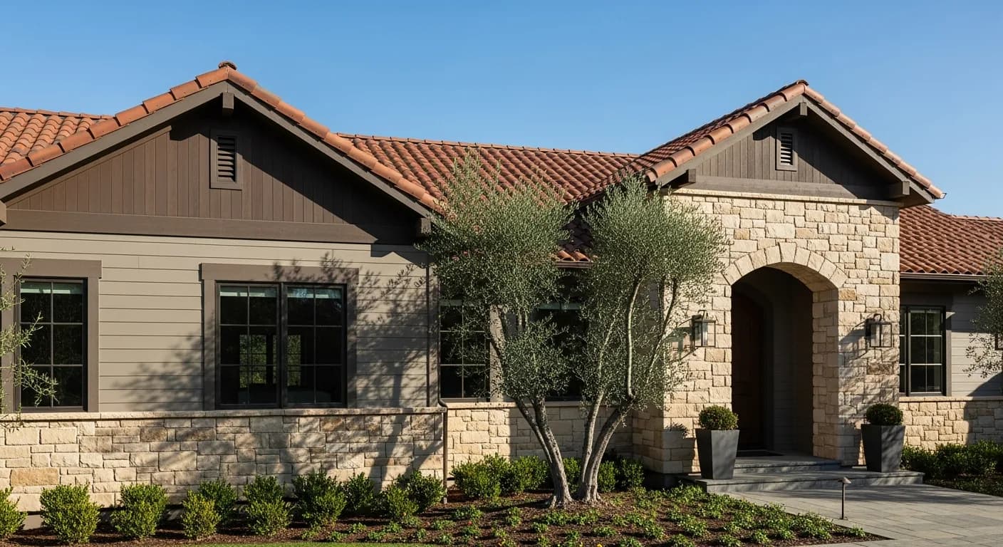 Napa wine country home with mixed Hardie ColorPlus in Cobble Stone, manufactured stone wainscot, dark wood accent, terra cotta tile roof, mature olive tree at entry, premium California Mediterranean