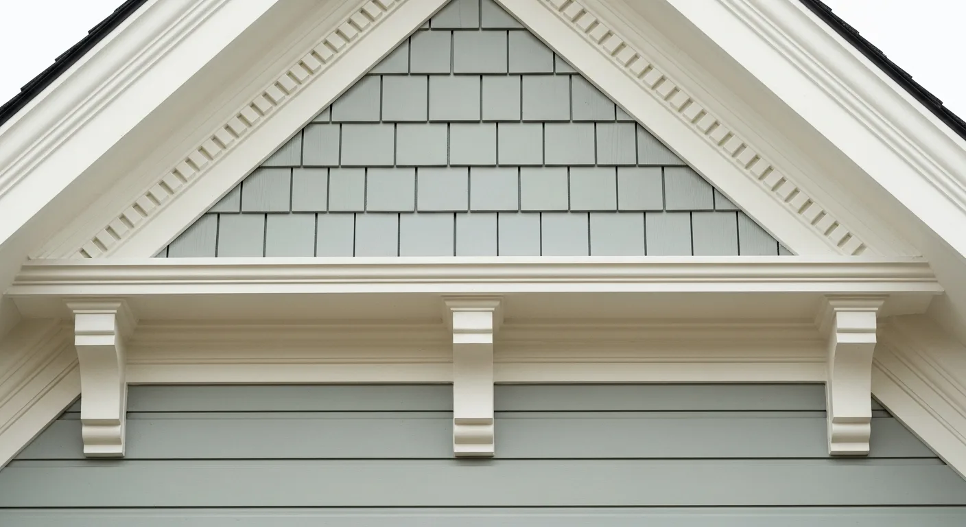 Nevada City Victorian preservation close-up: Hardie HardieShingle straight-edge pattern on gable in Pearl Gray, white crown moulding, dentil trim, 1860s Gold Rush architecture California