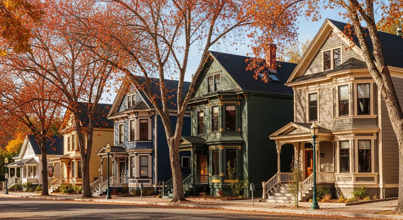 Wide-angle Nevada City historic Broad Street residential view with restored Victorian homes in Hardie ColorPlus preservation palette, mature autumn canopy, California Gold Country