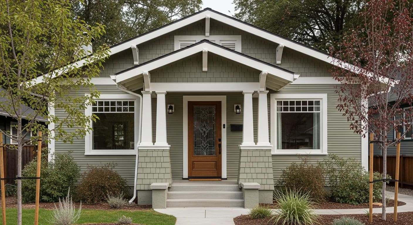 Nevada City craftsman bungalow with Hardie fiber cement in Heathered Moss body and Arctic White trim, exposed rafter tails, tapered porch columns, period-correct stained glass front door