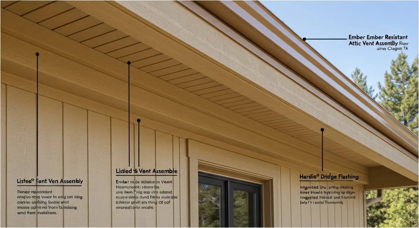 Nevada County WUI-code compliance close-up: listed ember-resistant attic vent assembly in gable, boxed Hardie soffit, integrated drip edge flashing, fire-resilient California foothill