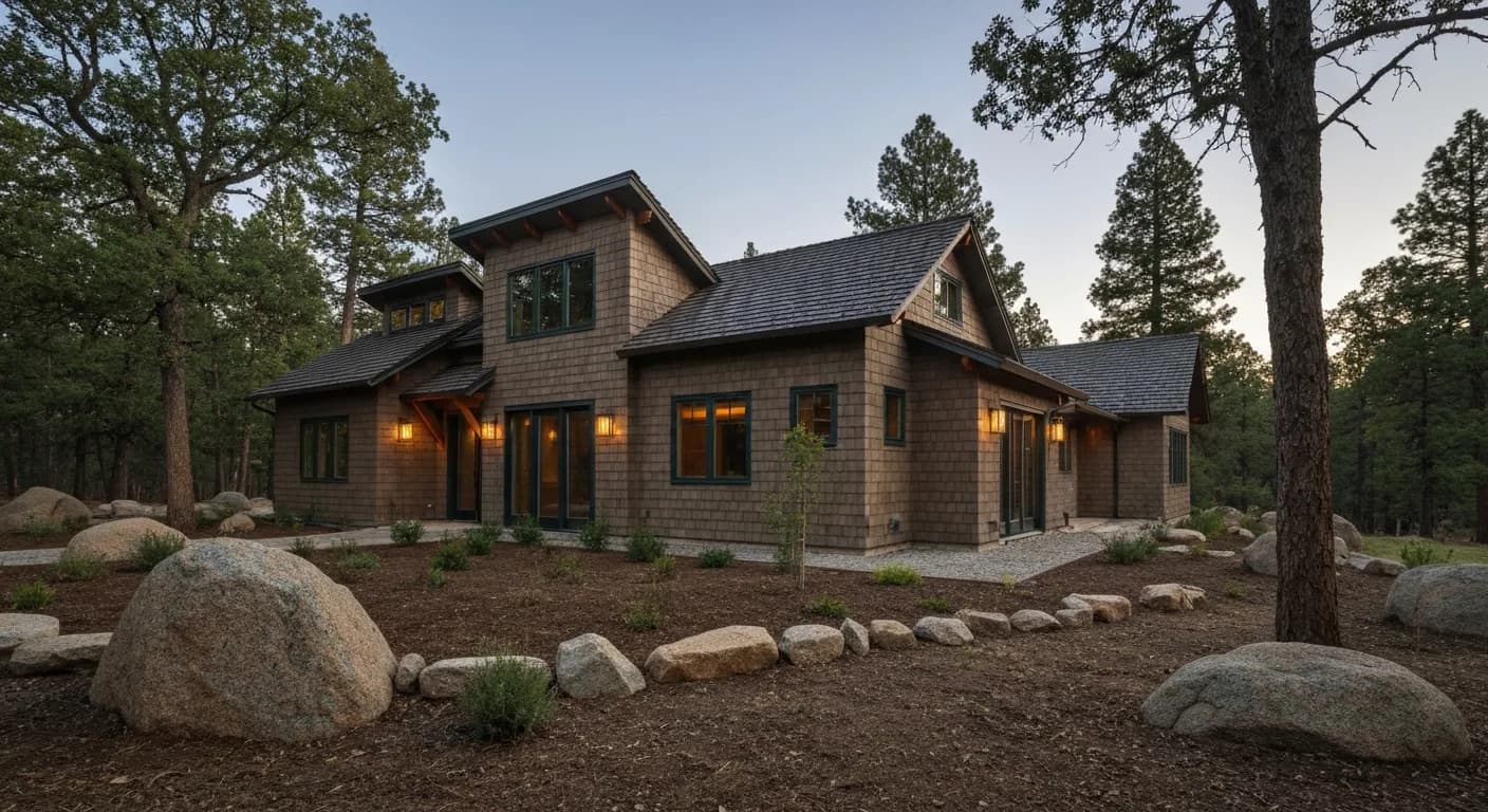 Wide-angle Nevada County FHSZ home in defensible space, Class A non-combustible Hardie cladding, oak savanna cleared Zone 0, granite outcrops, fire-safe California Gold Country foothill