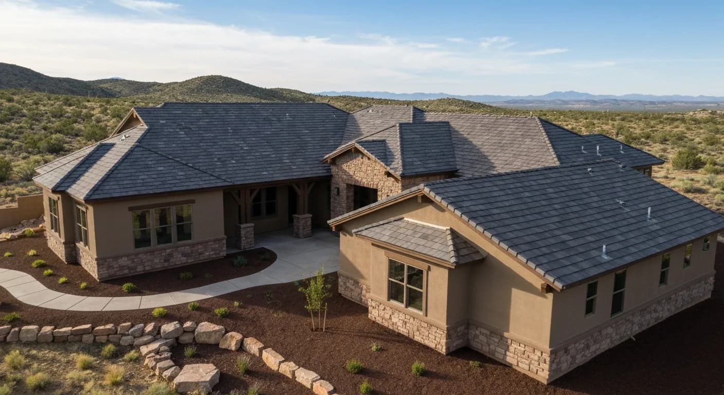 Nevada County the WUI code whole-system view: home with mixed Hardie and 3-coat stucco non-combustible exterior, ember-resistant vents, boxed eaves, Zone 0 stone, premium fire-safe California