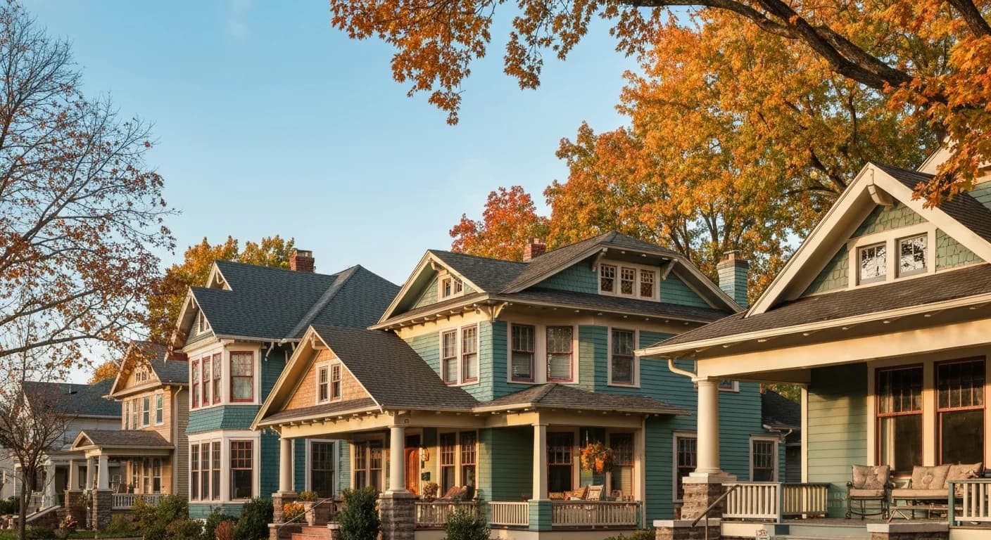 Wide-angle Nevada County craftsman neighborhood with early-1900s homes in Hardie ColorPlus preservation palette, mature deciduous canopy, period-correct vocabulary, California Gold Country residential