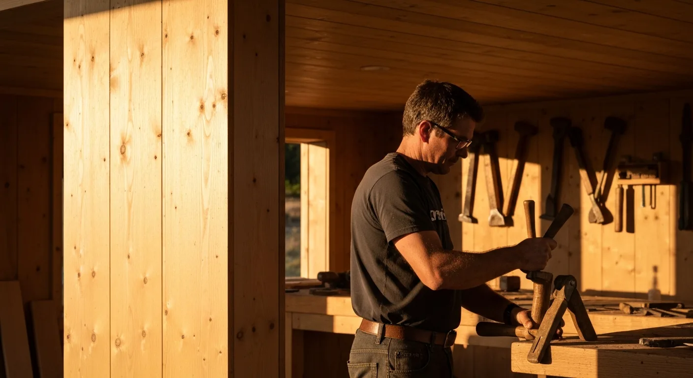 Nevada County mountain craftsman with Hardie body in Aged Pewter, warm wood Aspyre accent on porch, exposed-rafter overhang, stone column base, mature California pine, golden hour