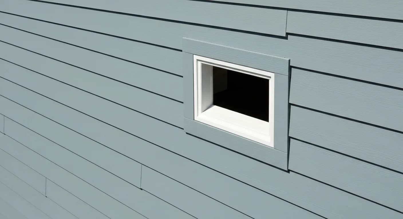 Nevada County Hardie product specification close-up: HardiePlank lap siding in Boothbay Blue ColorPlus factory-baked finish, J-channel at window, sealant detail, professional foothill install