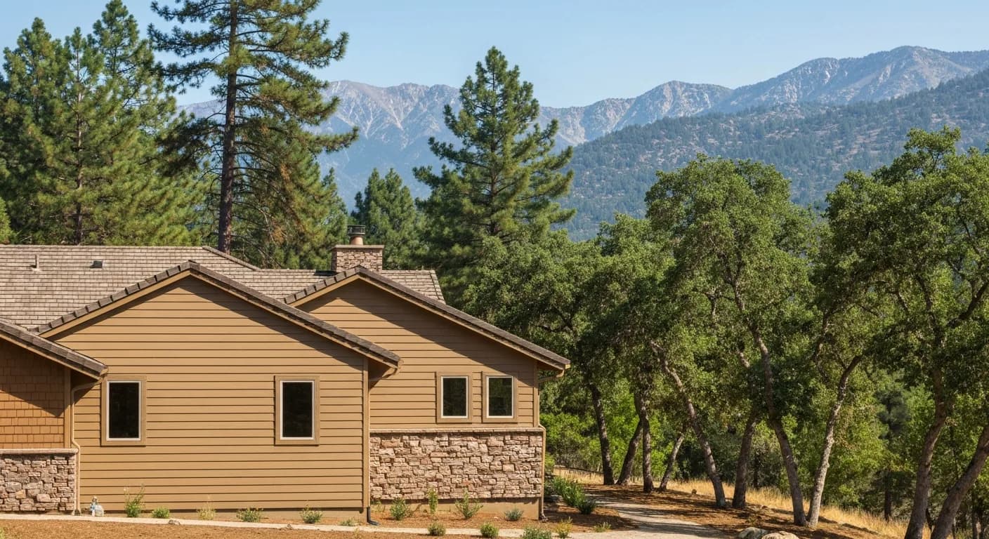 Wide-angle Nevada County foothill home transition zone with Hardie fiber cement cladding for hot-summer cool-winter climate, mature pine and oak canopy, Sierra foothill backdrop