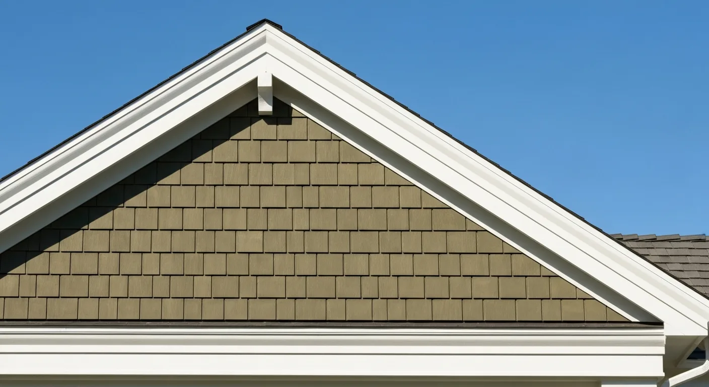 Nevada County HardieShingle accent on craftsman gable with straight-edge shingle pattern in Heathered Moss ColorPlus, white trim, mature foothill landscape, professional fiber cement Gold Country