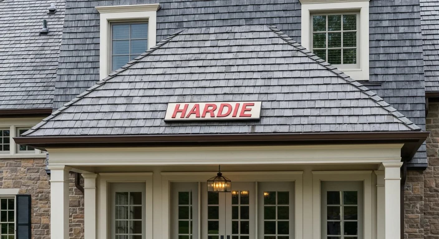 Nevada County historic farmhouse preservation: Hardie HardieShingle staggered pattern on gable in Pearl Gray, white period crown moulding, decorative bargeboard detail, Gold Country California