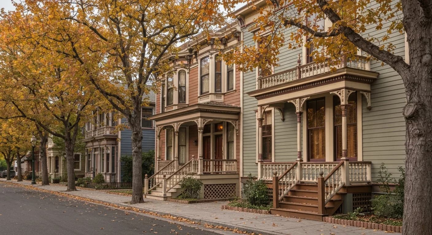 Wide-angle Nevada County historic district residential street with restored 19th-century homes in Hardie ColorPlus preservation palette, mature deciduous trees autumn, California Gold Country historic