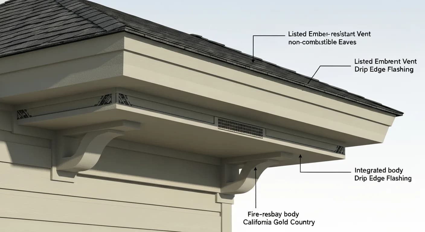 Nevada County WUI-code detail: Hardie HardieSoffit boxed non-combustible eaves, listed ember-resistant vent, integrated drip edge flashing, Boothbay Blue body, fire-resilient