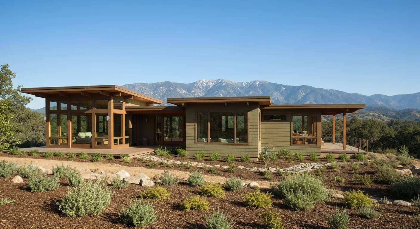 Wide-angle Nevada County foothill home in defensible space, Hardie fiber cement Heathered Moss sage, oak savanna, cleared Zone 0 stone mulch, panoramic Sierra foothill view
