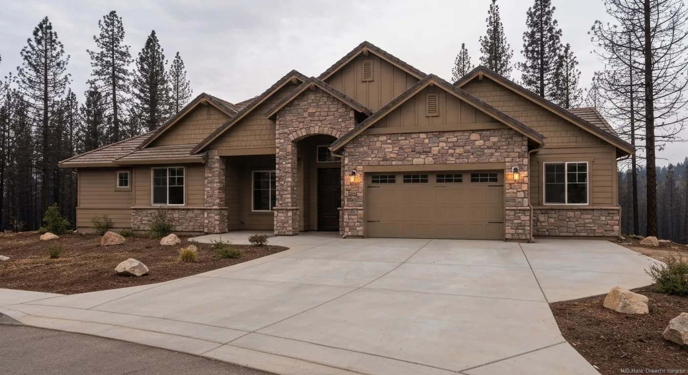 Nevada County wildfire-rebuild home with mixed Hardie and manufactured stone exterior, board-and-batten gable in Cobble Stone, prominent stone column entry, fire-resilient Gold Country