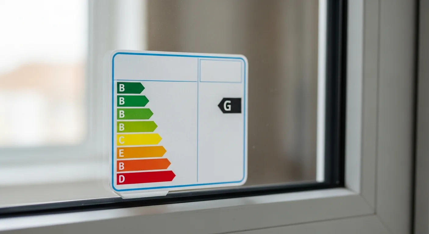 Close-up of an NFRC energy performance label on a new window showing U-factor and SHGC ratings