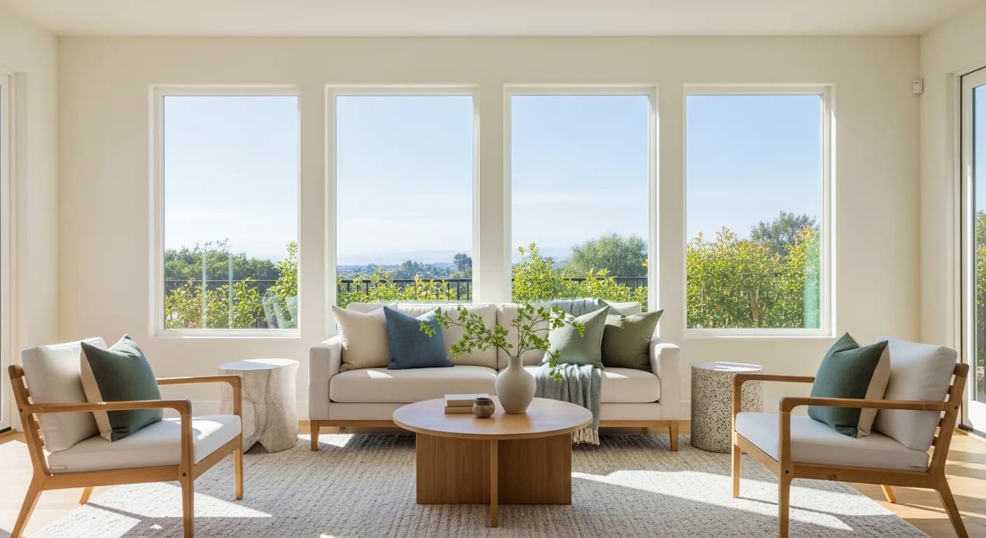 Bright interior room with large new energy-efficient windows in a California home, comfort and natural light